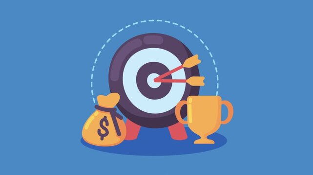 Dynamic animated footage of financial success with target goal achievement trophy and money bag on blue background.