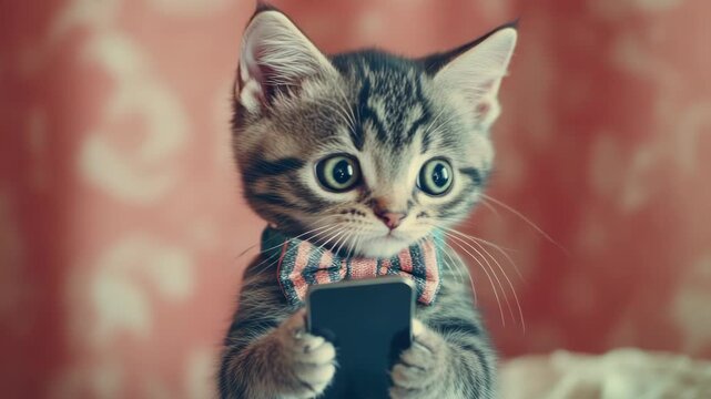 Cute Tabby Kitten Wearing a Bowtie Holding a Smartphone