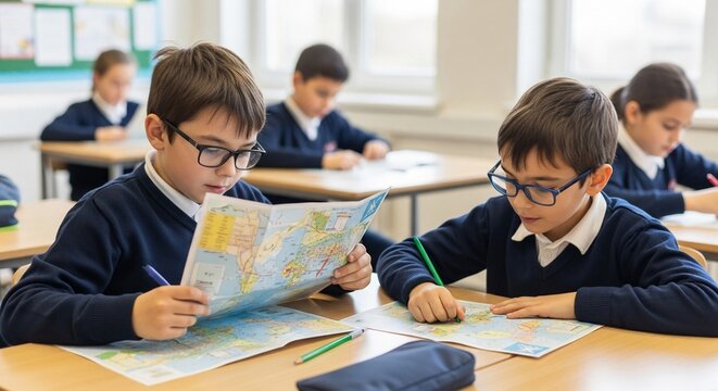 Young elementary students in a classroom diligently studying a map together during a geography lesson.