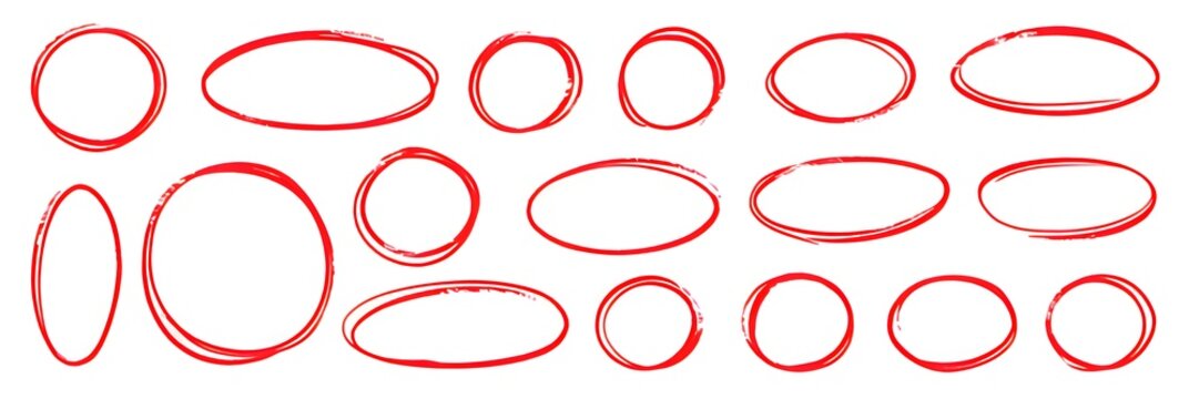 Hand drawn red line brush oval set. Hand drawn line brush pencil oval red color doodle marker chalk pen. Round circle underline frame check sign bubble texture background. Vector illustration