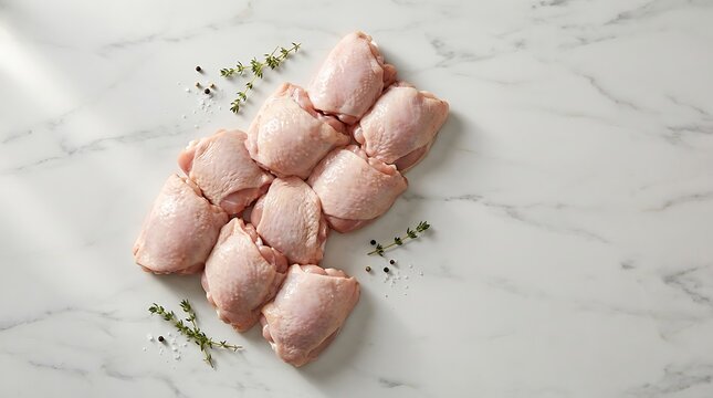 Raw chicken thighs with fresh green herbs and peppercorns on a marble surface. boneless chicken thigh