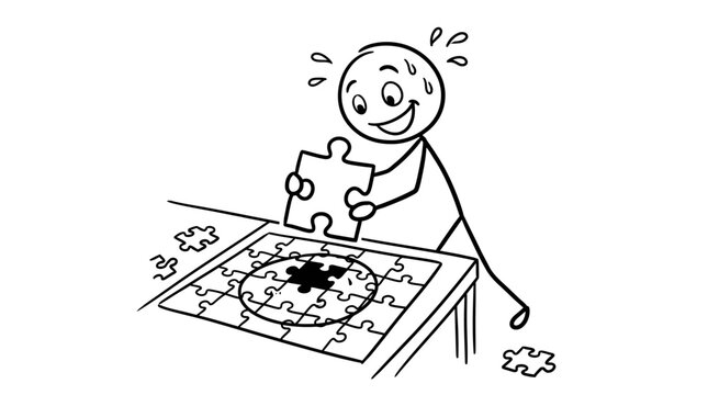Stick figure placing final piece into a jigsaw puzzle.