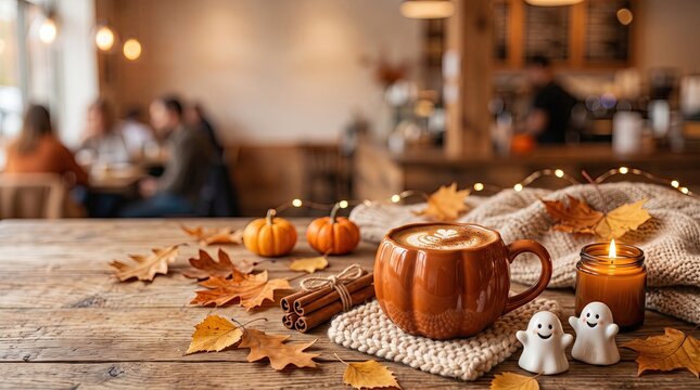 Cozy autumn cafe table with pumpkin shaped coffee mug, mini pumpkins, candle and ghost figurines, warm Halloween seasonal decor with fall leaves and blurred background
