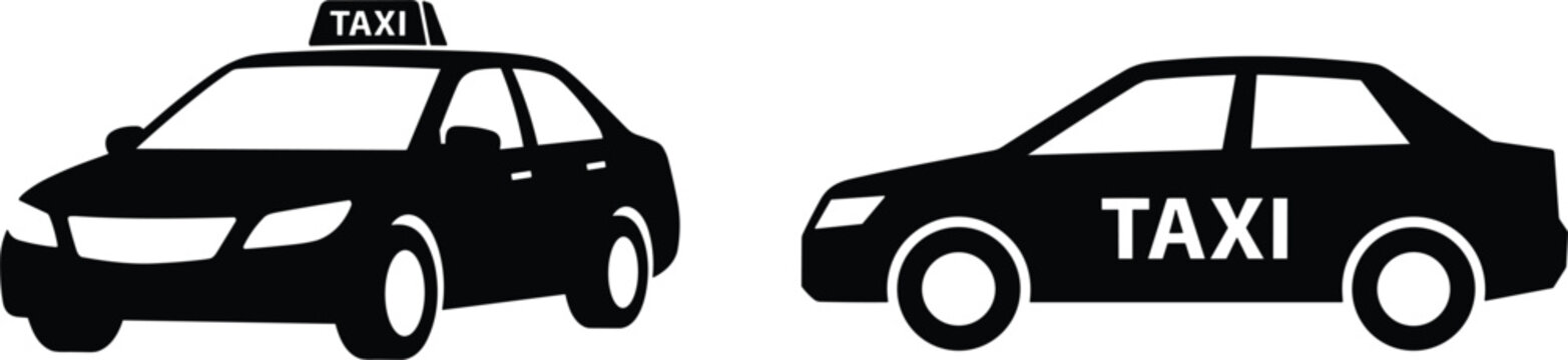 Public urban taxi sedan transport icons displaying black silhouette views from side profile and perspective angles