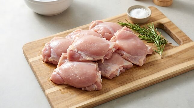 Raw chicken thighs on a wooden cutting board with fresh rosemary and salt. boneless chicken thigh