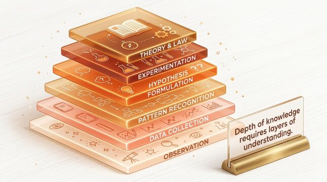 Scientific method steps illustrated as layered glass blocks, from observation to theory, emphasizing learning and understanding.