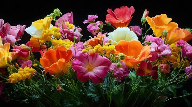 Vibrant Multi-colored Zinnias in a Bouquet against Black Background