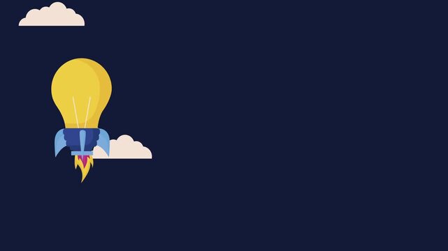 Light bulb rocket launch symbolizes startup idea ignition and innovation taking flight with clouds.