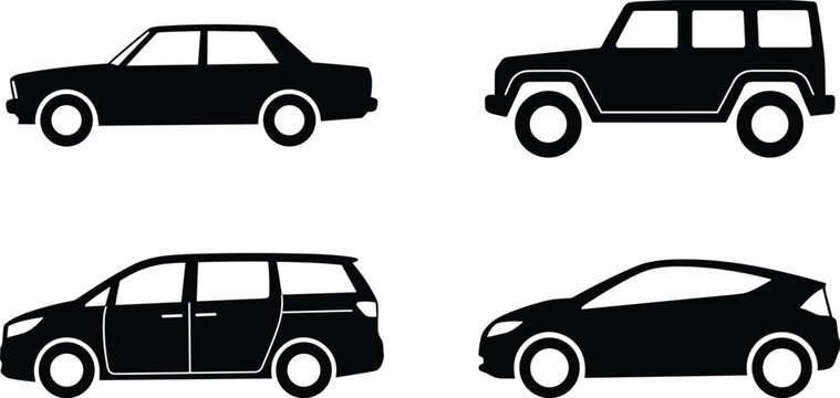 Automobile side profile body shapes collection displaying black silhouette icons of sedan jeep minivan and hatchback car models