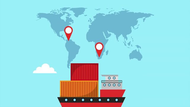 Global logistics animation featuring cargo ship and world map with location pin icons.