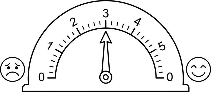 Customer satisfaction gauge measurement scale illustration with arrow needle pointing at neutral level three evaluation metric