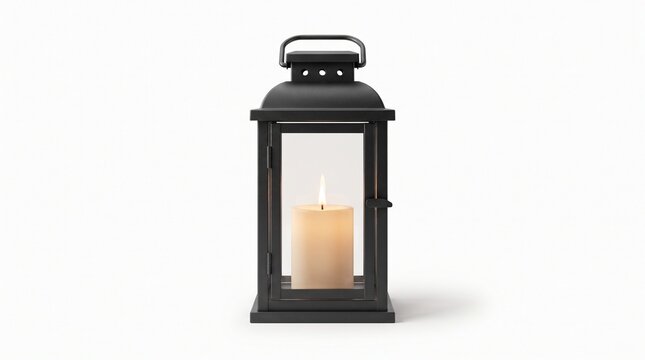 Black l lantern with lit white candle isolated on white background