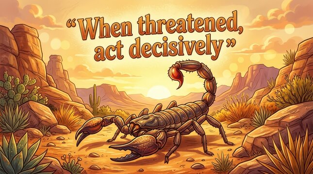 Scorpion in desert landscape with inspirational quote "When threatened, act decisively" against a sunset sky
