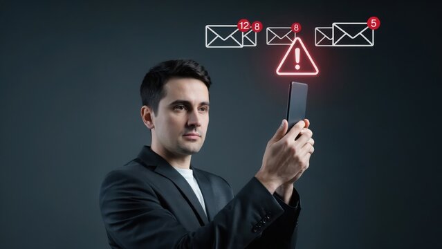 Businessman holding a smartphone with floating notification of unread emails and a red warning triangle symbol indicating a security threat