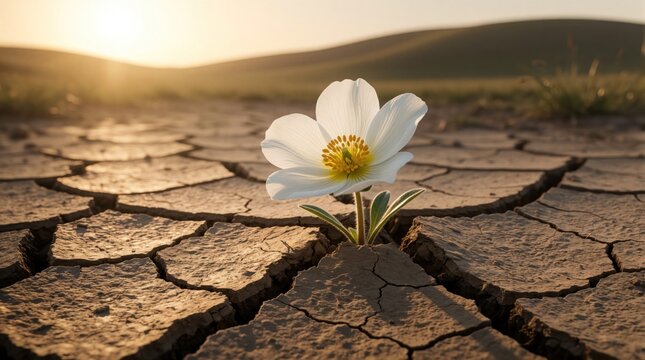 Single white flower pushes through cracked dry ground surface. Sunlight shines softly on resilient bloom near arid earth cracks. Nature shows life overcoming hardship.