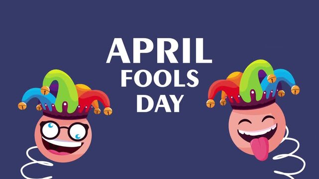 April fools day animation with funny faces wearing jester hats jumping on springs against blue background.