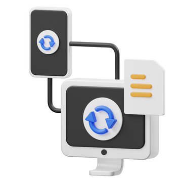 3D data synchronization icon with computer, smartphone, and sync arrows, cross device transfer render