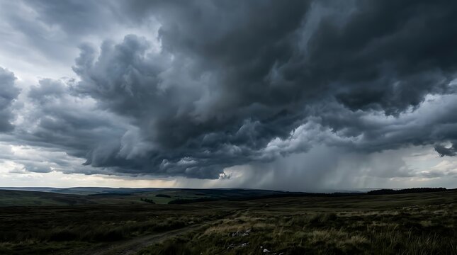 Dramatic Storm Clouds and Heavy Rain Falling Over a Vast Rural Landscape and Rolling Hills