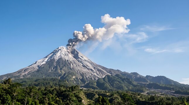 Majestic Mount Merapi Volcanic Eruption Emitting Thick Ash Cloud into the Clear Sky of Indonesia