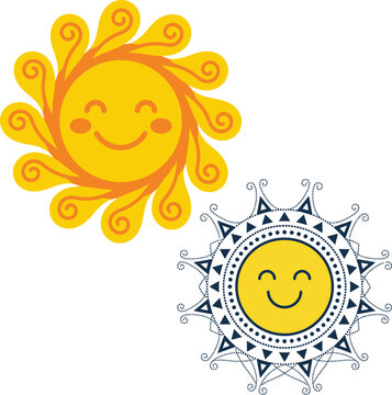 Two Cute Smiling Sun Illustrations with Decorative Rays