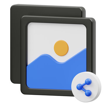3D image share icon with photo preview card and sharing node, gallery file distribution render