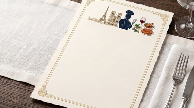 Elegant Blank French Restaurant Menu Template with Paris Illustrations on a Fine Dining Table Setting