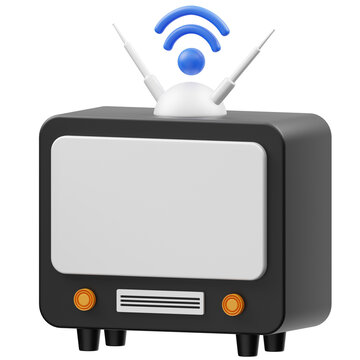 3D retro television icon with indoor rabbit ear antenna, vintage TV broadcast receiver render