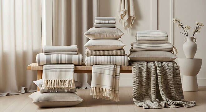Assorted pillows and soft blankets stacked on wooden bench with interior design home decor living room blankets cushions textiles furniture