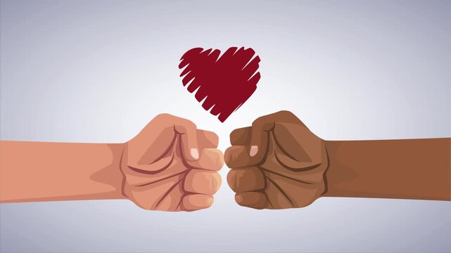 Interracial fist bump animation with red heart symbol representing racial unity and social justice against discrimination.