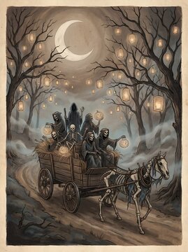 Skeleton Passengers Ride Wooden Cart Pulled by Skeletal Horse Along Moonlit Forest Path With Floating Lanterns Halloween Decoration Wall Art