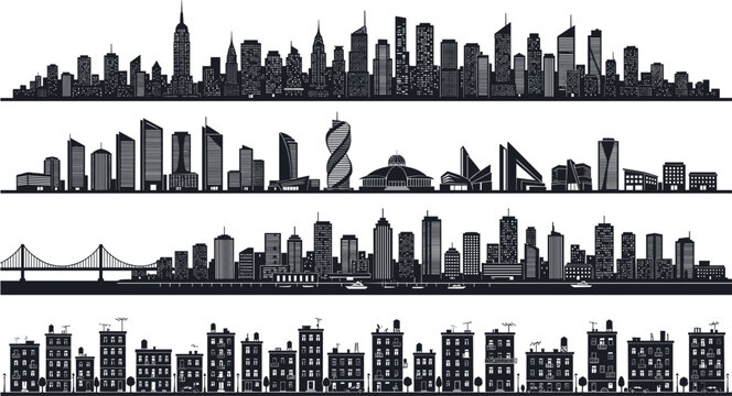 Modern Cityscape Skyline Silhouette Vector Set Featuring Megacity Skyscrapers, New York Buildings, Suspension Bridge, and Urban Residential Suburb Houses