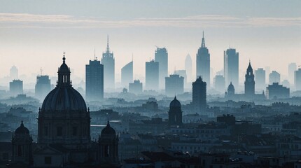 Obraz premium City skyline at dawn with misty rooftops, blue haze. Historic dome silhouette stands in foreground against distant skyscrapers. Urban metropolis landscape shows calm morning atmosphere with
