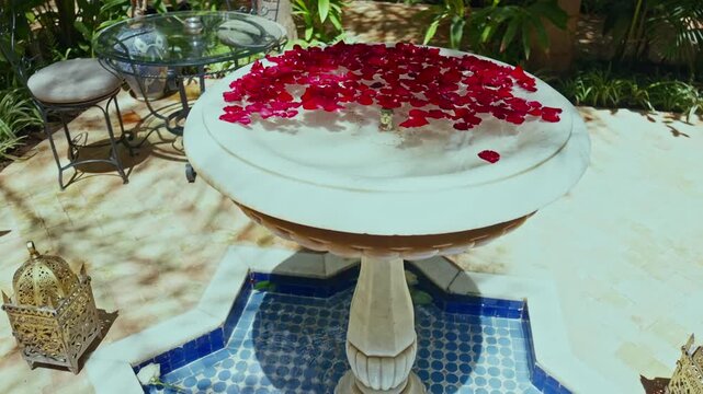 Traditional Moroccan Courtyard Fountain with Rose Petals