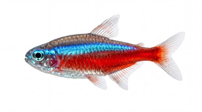 Small neon tetra fish with blue and red colors
