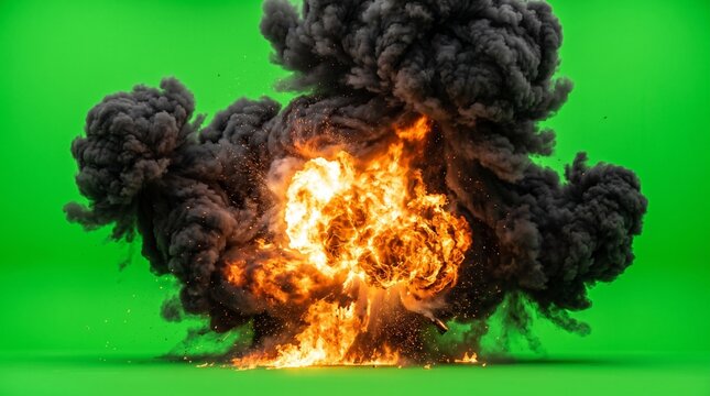Large Cinematic Explosion with Fire and Billowing Black Smoke Isolated on Green Screen Background
