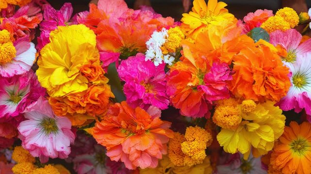 Close-up of Vibrant Pink, Orange and Yellow Zinnia Flowers