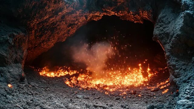Glowing Molten Lava Flowing in a Volcanic Cave
