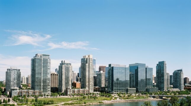 A clear, bright photograph captures a cityscape skyline under a vibrant blue sky. Several modern high-rise buildings dominate the view, reflecting the sunlight.