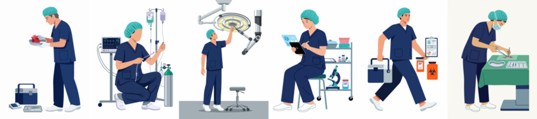 Obraz premium Set of flat vector illustrations depicting healthcare professionals in blue scrubs performing various tasks in a hospital and surgical setting.