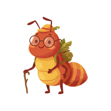 Cute cartoon ant character wearing glasses, a hat, and a backpack holding a walking stick for adventure