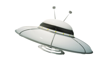 A digital illustration of a futuristic white flying saucer UFO model designated as object 27, isolated against a plain white background © Stock C