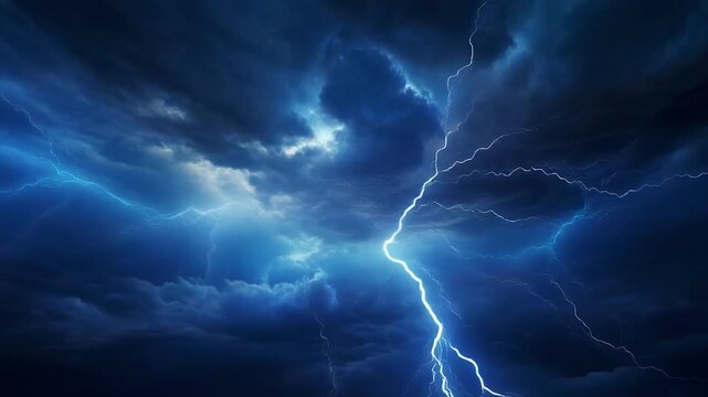 Electric lightning strikes through dark stormy clouds during a powerful atmospheric phenomenon