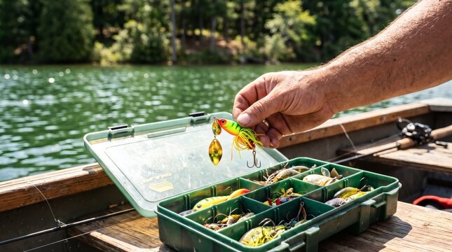 Angler selecting a colorful fishing lure from a tackle box on a boat.
