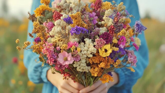 Person holding a large bouquet of colorful wildflower and dried flowers outdoors