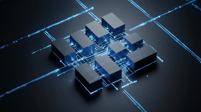 Isometric Financial Network Grid with Glowing Circuit Energy Flow