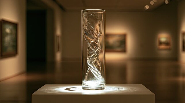 Illuminated glass sculpture with swirling pattern on pedestal in gallery