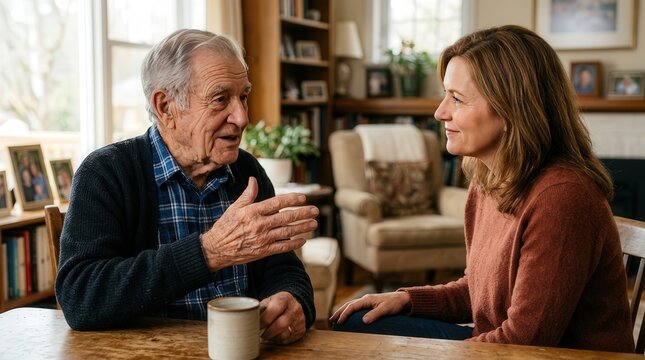 Senior man sharing stories with an adult daughter in a cozy home environment
