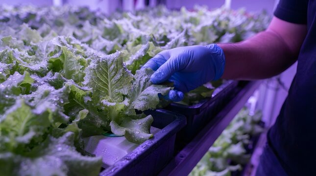 Farmer inspecting fresh lettuce leaves in a modern indoor hydroponic vertical farm system.