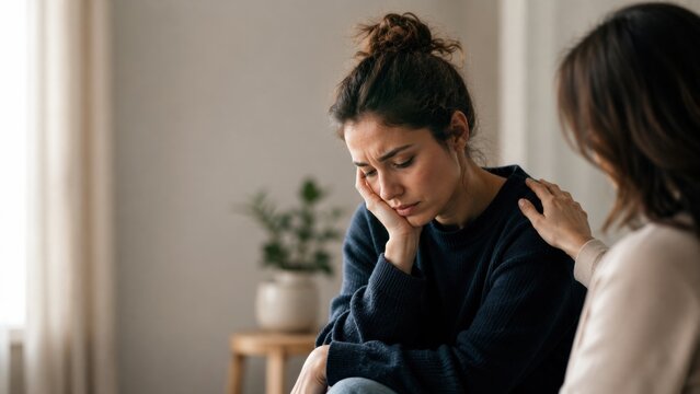 Sad woman receiving comforting touch on shoulder from friend showing support during difficult times.