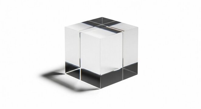 A Clear Transparent Glass Cube Object with Shadow on a White Background